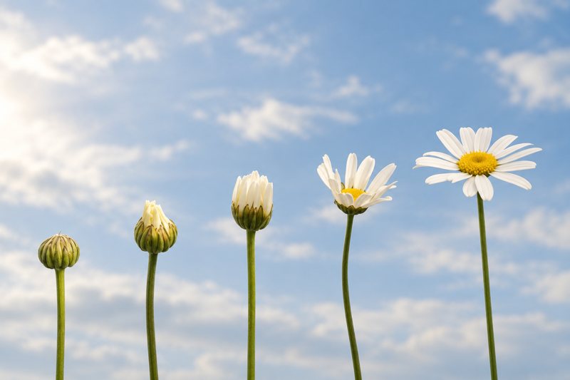 Des marguerites s’ouvrent une à une sous le soleil