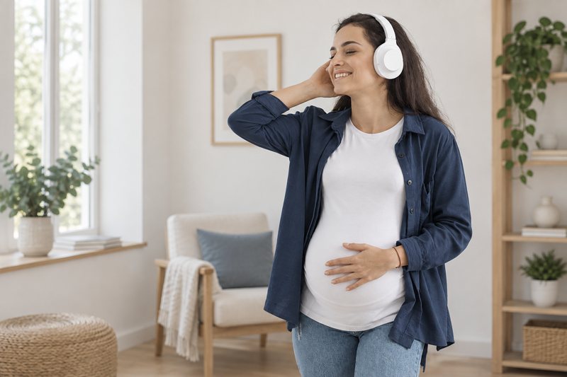 Une femme enceinte, casque sur les oreilles, une main sur le ventre