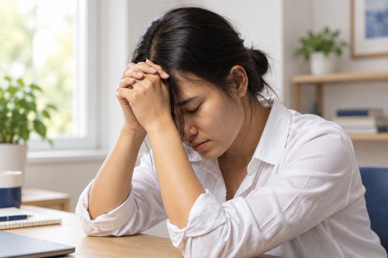Une personne se tient la tête devant un cahier